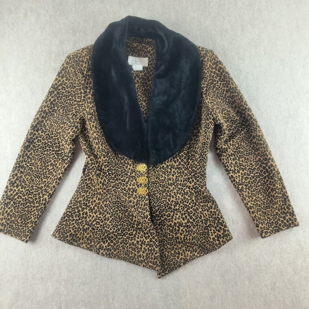Cache vintage Leopard Print Faux Fur Collar Jacket Small